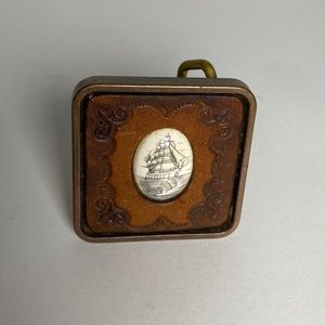BTS Pure Brass Belt Buckle Tooled Leather Ceramic Ship USA . Nautical Vintage